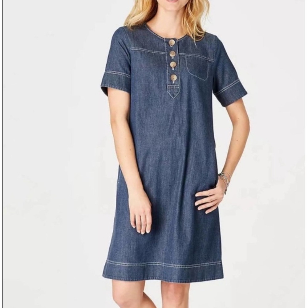 J. Jill‎ Denim Dress Button Front Pockets Short Sleeve Casual XS Oversized Dress